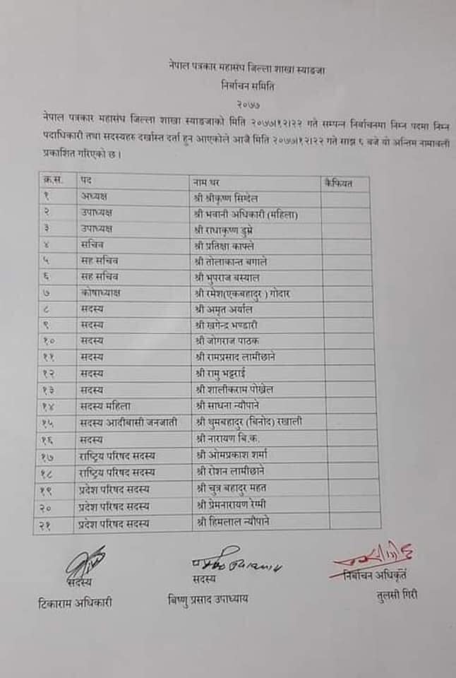 janasancha ,नेपाल पत्रकार महासंघ स्याङ्गजाको अध्यक्षमा श्रीकृष सिग्देल निर्बिरोध